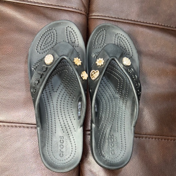 CROCS Women's Black Sandals with Gold Accents - Picture 1 of 4